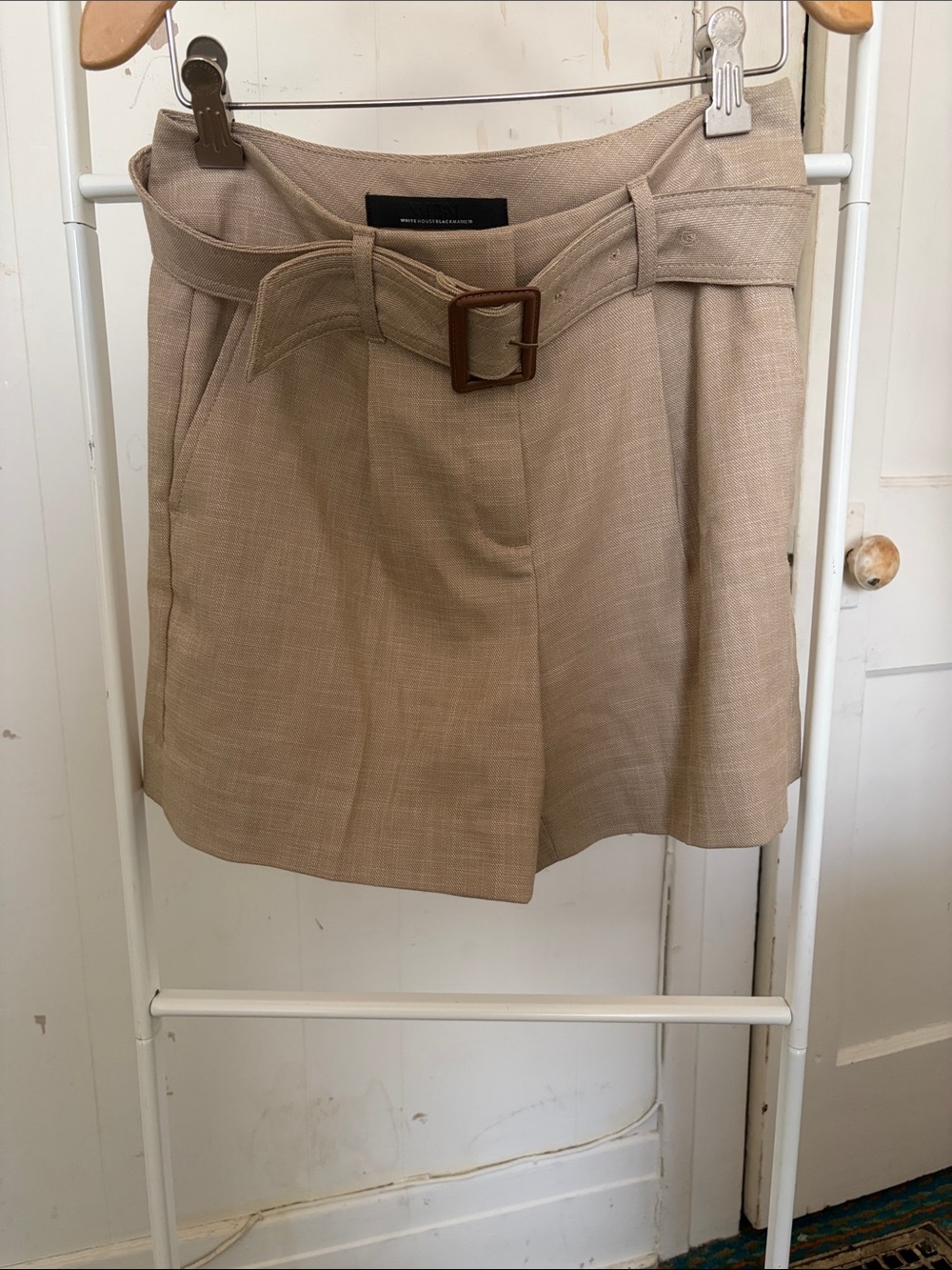 Beige Belted High-Waist Dress Shorts